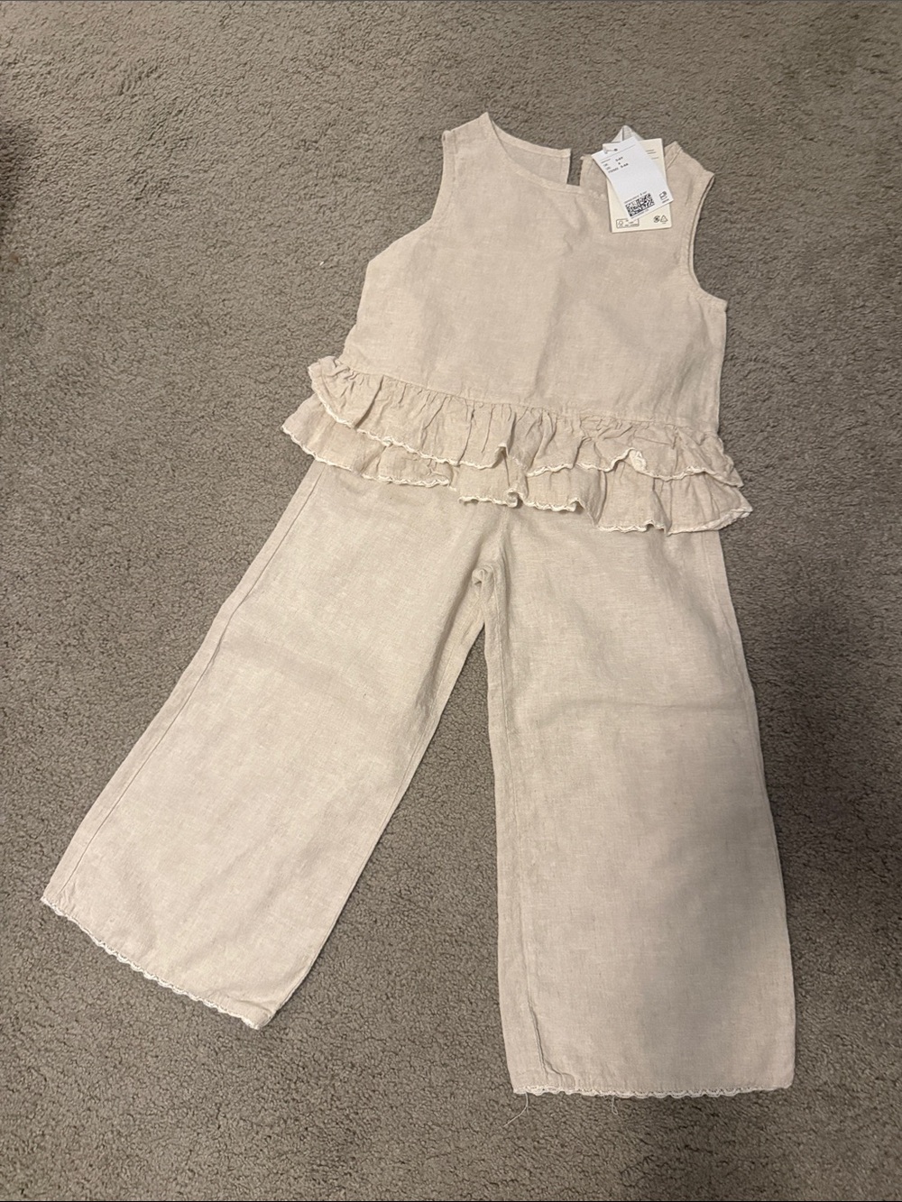 H&M Cream Ruffle Waist Linen-Blend Top and Wide-Leg Pants Set
